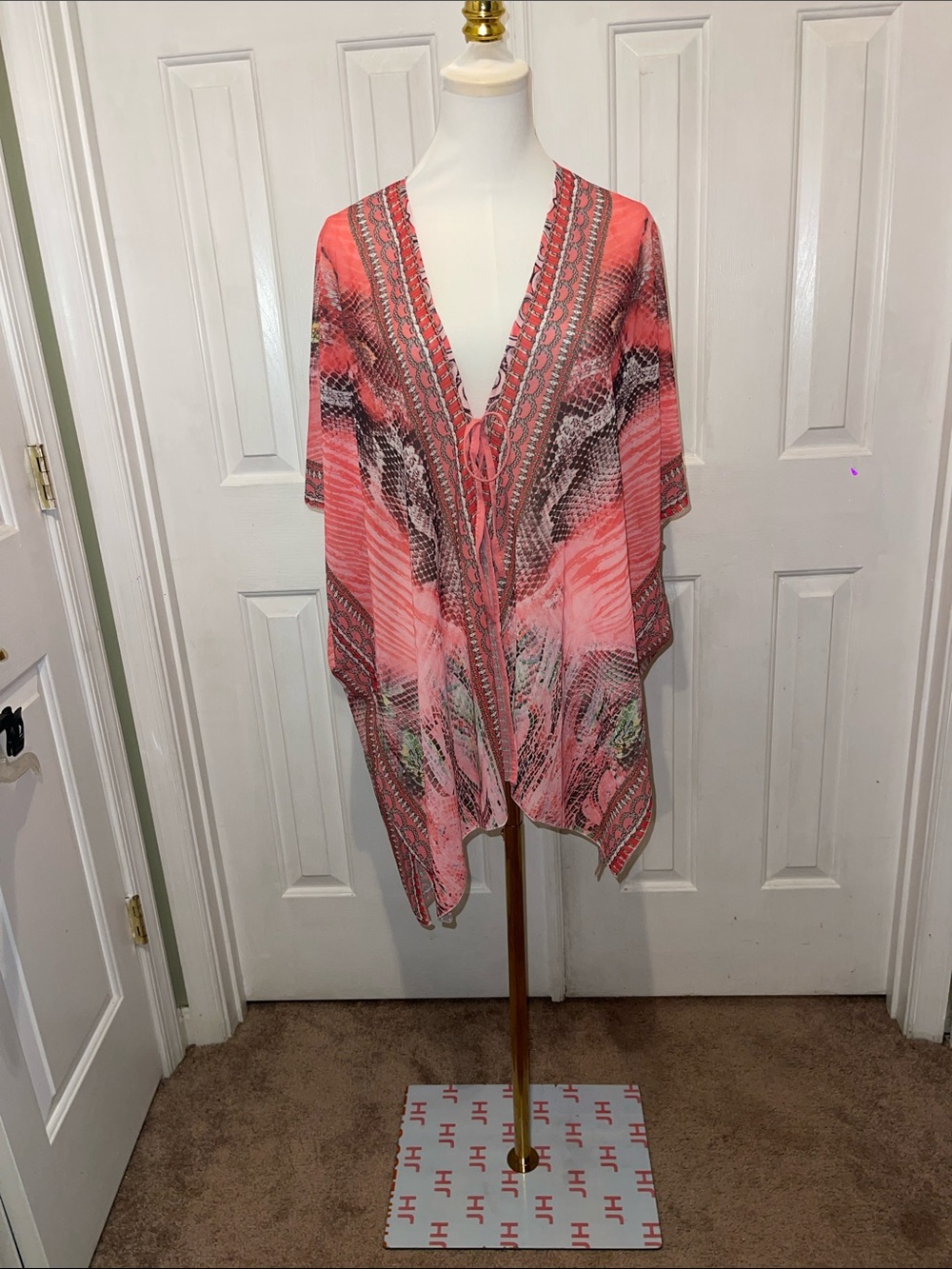 Coral Printed Open-Front Swim Coverup Kimono